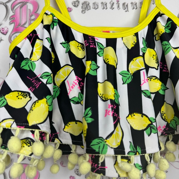 Betsy Johnson bikini top ruffle frilly Pom Pom trim Lemons π striped pink cute - Picture 4 of 12
